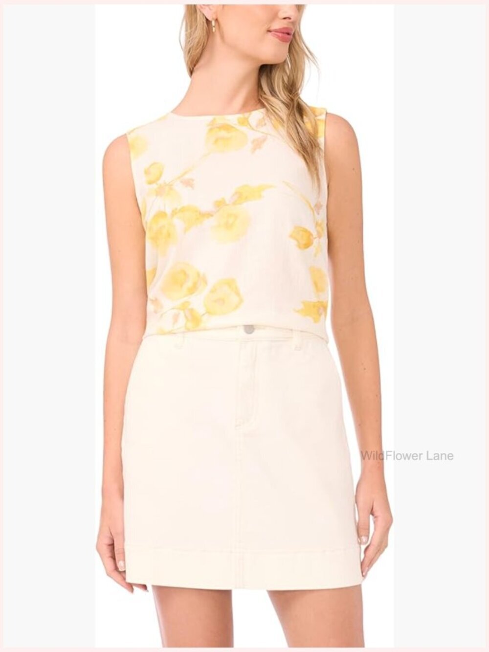 Sleeveless Crew Neck Blouse with Floral Trim, Lightweight Polyester
